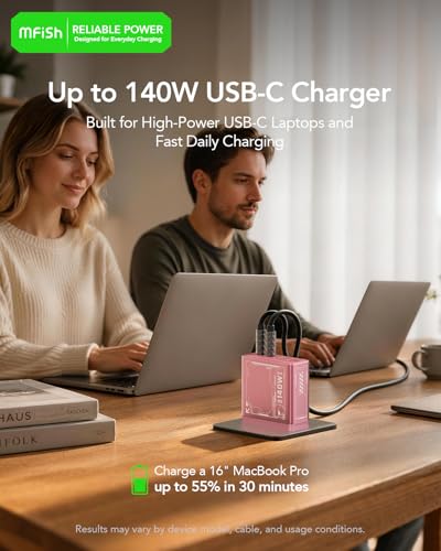 Mfish E-Rhino 140W USB-C Charger, True PD 3.1 GaN Fast Charger, 4-Port (3 USB-C + 1 USB-A) Foldable Plug Power Adapter for MacBook Pro 16”, iPhone 17/16, iPad, Galaxy, Tablet, Laptop, Pink - color: 140W-Pink