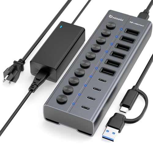 Powered USB Hub, 10-Port USB C Hub with 6 USB-A 3.2, 4 USB-C 3.2 Ports, Individual Switches and 12V/5A Power Adapter, Aluminum USB Extension for MacBook, Laptop/PC and More. - color: Gery
