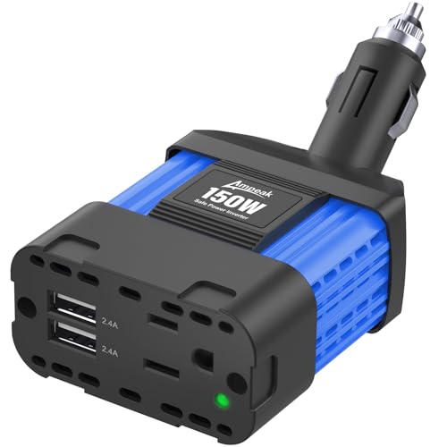 150W Car Power Inverter, 12V DC to 120V AC, Cigarette Lighter Plug | 300W Surge Peak, 1 AC Outlet, Dual USB 4.8A, 11 Protections, Compact for Laptop, Phone, Car, RV, Travel - color: 150W Blue
