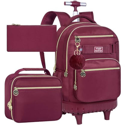 3Pcs Rolling Backpack for Girls Women, 19 Inche Adults Roller Backpacks with Wheels, School Wheeled Bookbag with Lunch Box(Wind Red) - color: Wine Red