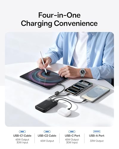 Baseus 20000mAh Compact Portable Charger 45W, CCC Certified Power Bank Built-in USB-C Cables, Travel Essential PD Fast Charging Battery Pack for iPhone 17/16 Series Galaxy S25/S24 Ultra Google iPad - color: Black