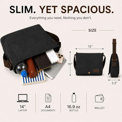 Cota's home Mens Canvas Messenger Bag, Satchel Bag for Men, Fits 14" Laptop, Compact Work Bag for Office & Travel - color: Wine Red