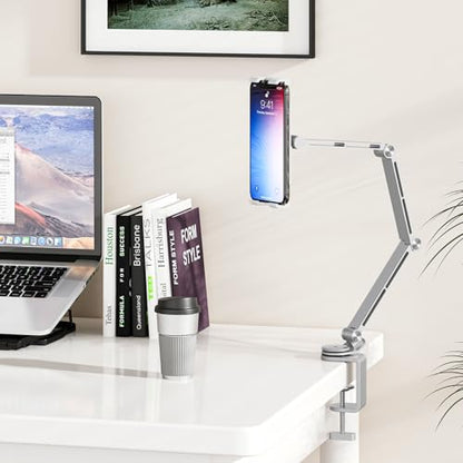 Houele Tablet Stand Holder for Desk iPad Stand Desk Mount, Silver | Adjustable Foldable Tablet iPad Arm Mount Phone Holder with 360°Rotate Base, Compatible with Tablets or Other 4-15.6" Device - color: Silver
