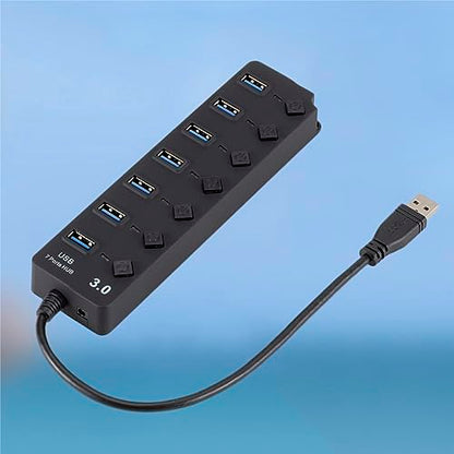 Uonlytech 7-Port USB 3.0 Hub LED Indicators for Computer Laptop and Tablet High-Speed USB Splitter Independent Power Control Black