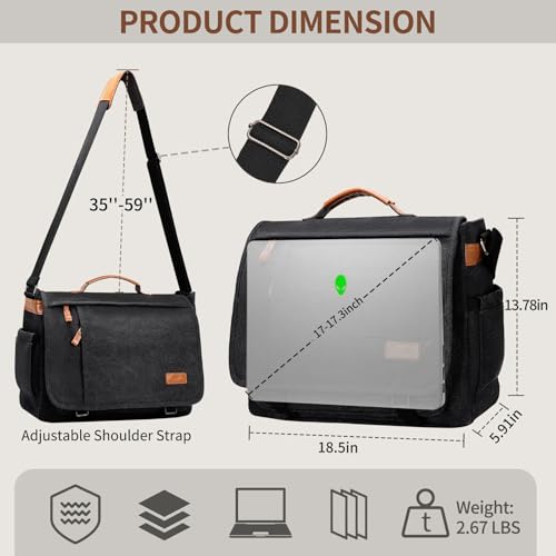 ESTARER Men's Messenger Bag 17.3 Inch Upgraded, Water-resistant Canvas Laptop Bag, Computer Shoulder Bag for College Travel Work, Dark Grey - color: 17.3" Buckle-dark Gray