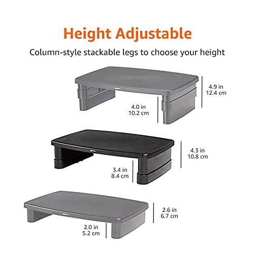 Amazon Basics Height Adjustable Monitor Stand Riser with Storage Organizer, 3-Level Stackable Design, Durable ABS Plastic, Supports up to 22lbs, for Monitors & Laptops, Black
