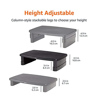 Amazon Basics Height Adjustable Monitor Stand Riser with Storage Organizer, 3-Level Stackable Design, Durable ABS Plastic, Supports up to 22lbs, for Monitors & Laptops, Black
