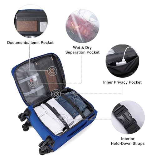 Carry On Luggage 22x14x9 Airline Approved with Wheels Softside Expandable Luggage Suitcase with TSA Lock-Blue - color: Blue, size: Carry-on 20 inch