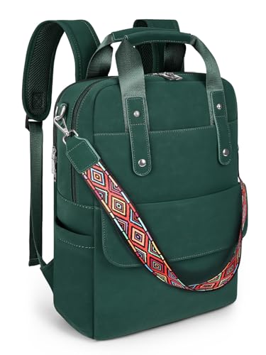 Leather Laptop Backpack 15.6 inch Womens Computer Bag Green | 3-in-1 laptop purse: Dedicated 15.6" Compartment, 7-Pocket Organizer, Colorful Shoulder Strap, Work & Travel Ready - color: Green