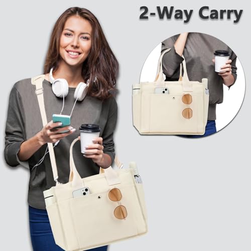 Fammart Large Canvas Tote Bag for Women with Zipper & Compartments, Crossbody Laptop Bags for Work College Travel - color: Beige