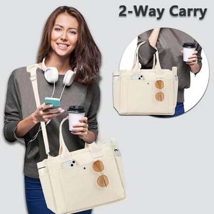 Fammart Large Canvas Tote Bag for Women with Zipper & Compartments, Crossbody Laptop Bags for Work College Travel - color: Beige