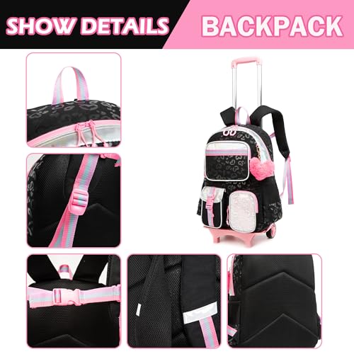 Meetbelify Backpack with Wheels for Girls Rolling Backpack Cute Carry on Backpack for Elementary Student - color: Black