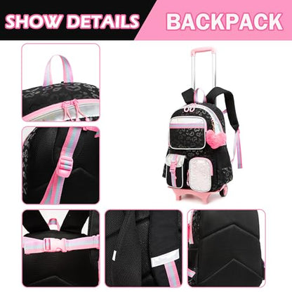 Meetbelify Backpack with Wheels for Girls Rolling Backpack Cute Carry on Backpack for Elementary Student - color: Black