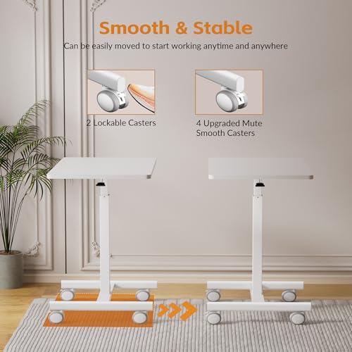 CROWNFURN Mobile Small Standing Rolling Desk Adjustable Height, Portable Laptop Desk on Wheels, Workstation for Home Office with Hook,White