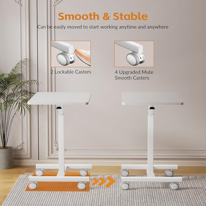 CROWNFURN Mobile Small Standing Rolling Desk Adjustable Height, Portable Laptop Desk on Wheels, Workstation for Home Office with Hook,White