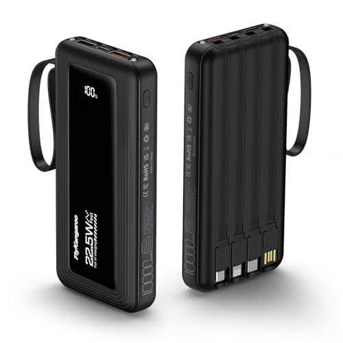 Portable Charger with Built in Cables, Slim 10000mAh Fast Charging 22.5W Power Bank USB C LED Display Battery Pack 6 Outputs & 2 Inputs for iPhone Samsung Pixel LG Moto iPad - color: Black, size: 10000Mah