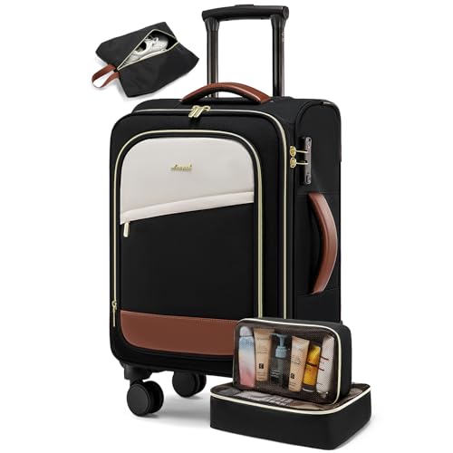 LOVEVOOK 4 Pcs Carry On Luggage 22x14x9 Airline Approved, 20 Inch Carry On Suitcases with Wheels, Softside Rolling Suitcase for Women Men, with TSA Lock Weekender Travel Luggage - color: Black-white-brown, size: 20 Inch-4Pcs