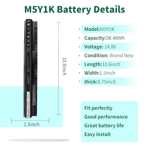 M5Y1K 14.8V Battery for Dell Inspiron 14 15 17 5000 3000 Series 5559 | 5558 3551 3451 3558 i3558 3567 5755 5756 5458 5759 5758 5759 GXVJ3 453-BBBQ WKRJ2 VN3N0 HD4J0 991XP P63F P47F P51F P52F P64G - size: 10.6*1.5*0.75inch