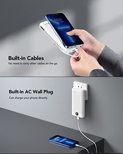VRURC Power Bank 20000mAh, Fast Charging Portable Charger USB C,4 Output 2 Input Travel Essentials Charging Bank Equipped with LED Display,Built-in Wall Plug and Cables,Phone Charger Battery,White - color: White