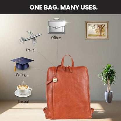 12.5 Inch Cognac Genuine Leather Backpack for Women & Men | Small Cognac Genuine Leather Travel Bookbag Purse with Adjustable Shoulder Strap, YKK Zippers, Mobile & Slip-in Pockets - color: Cognac