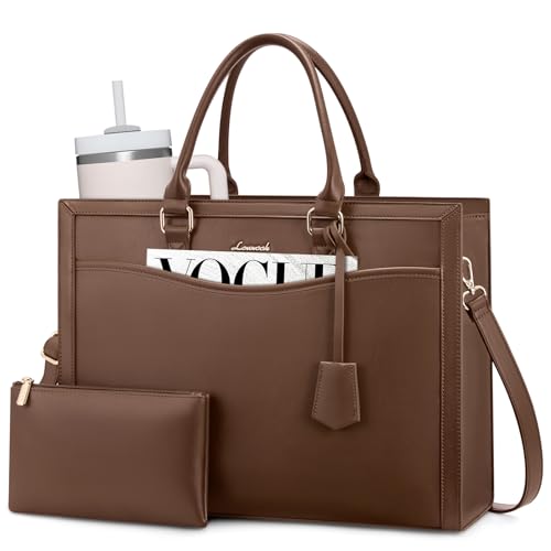 LOVEVOOK Laptop Tote Bag for Women, Large Work Computer Bag with Cup Holder | PU Leather Business Briefcase Teacher Travel College Bag Handbag fit for 15.6 inch Laptop, Office Purses Gifts for Women,2pcs - color: Leather/Brown Coffee, size: 15.6 Inch
