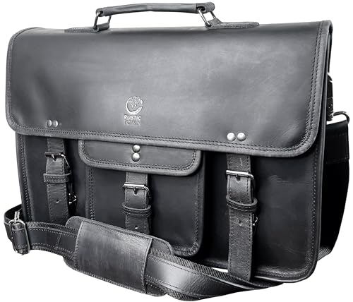 Leather Messenger Bag for Men - 16 Inch Laptop Briefcase, Office Satchel | Fits 16" Laptop & Documents, Top-handle, Removable Shoulder Strap, Brass Fittings, Luggage Sleeve, Organized Pockets - color: Black