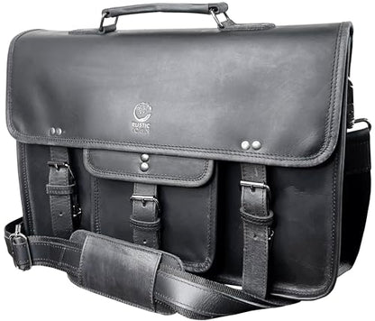 Leather Messenger Bag for Men - 16 Inch Laptop Briefcase, Office Satchel | Fits 16" Laptop & Documents, Top-handle, Removable Shoulder Strap, Brass Fittings, Luggage Sleeve, Organized Pockets - color: Black