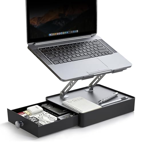 Laptop Stand with Storage Drawer, Adjustable Ergonomic Laptop Riser for Desk, Heavy-Duty Metal Stand for 10–16” Laptops, Space-Saving Desk Organizer for Remote Work & Home Office, Gray - color: Gray