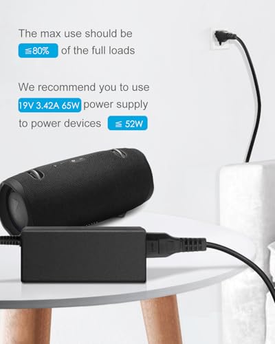 ALITOVE 19V Power Supply Adapter 3.42A 65W AC/DC Converter Transformer 100V~240V AC Input with 5.5mmx 2.5mm Plug for LCD LED Monitor, HDTV, 3D Widescreen, Bluetooth Speaker, Printers, Audio Amplifier