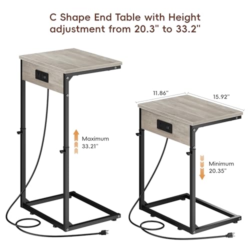 C Shaped End Table with Charging Station, Adjustable Height Side Table for Couch,Small Side Table Small Spaces,33.2'' Tall Couch Tables that Slide Under, Tv Tray Table for Living Room, Greige - color: Greige (1 Pack), style: With Plug