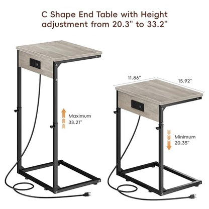 C Shaped End Tables Set of 2 with Charging Station, 33.2'' Tall C Table Adjustable Height Side Table, Small Side Table for Small Spaces, Couch Sofa Table TV Tray for Living Room, Greige - color: Greige (2 Pack), style: With Plug
