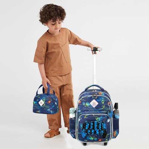 Kids Rolling Gamepad Backpack for Boys Luggage Suitcase With Wheels Trolley Wheeled POP Roller Backpacks for Elementary Travel School Bags 17" 3PCS Toy Backpack With Lunch Box Blue - color: 041123-yoxishoubing