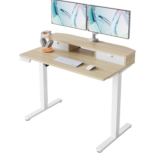 HUANUO 40" X 24" Electric Standing Desk with 2 Drawers, C-Clamp Mount Compatible, Height Adjustable Computer Desk, Home Office Stand Up Desk with 4 Preset Heights & 2 Hooks, Light Walnut - color: Light Walnut, size: 40" X 24"