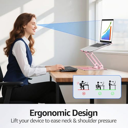 Adjustable Laptop Stand for Desk, 10-15.6“ Laptop Riser, Pink | Sturdy Aluminum Foldable Stand, Heat-Dissipation Design, Ergonomic Holder Fits MacBook/Dell/HP/Lenovo for Home/Office. - color: C-Pink