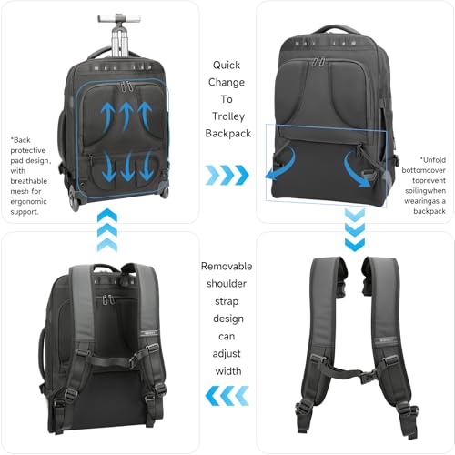 2-in-1 Large Rolling Laptop Backpack for Women Men, 50L Backpack with Wheels, USB Charging Port, Shoe Compartment Carry On Luggage for Travel, College, Sports, Gym, Weekend Trip