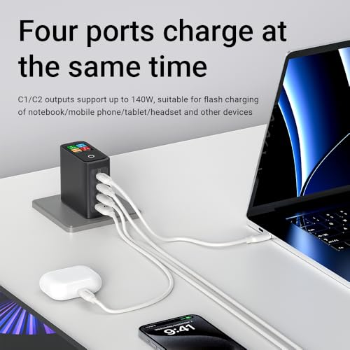 ACEFAST 140W GaN LED Display Screen Wall Charger for iPhone 17 16 Series/for Samsung,Triple USB C Fast Charging Travel Charger for MacBook/Laptop/Tablet,Fold Plug Compact for Home/Office/Travel