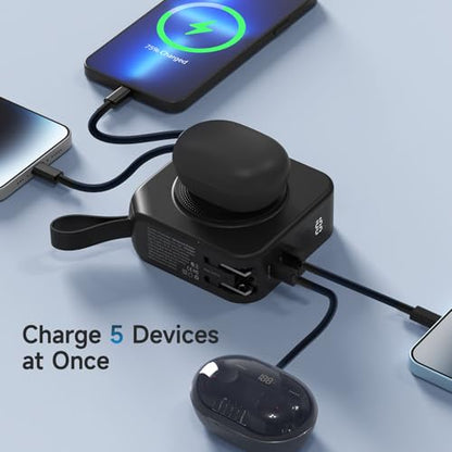 Powerpack Universal 5 in 1 Travel Power Bank - for Magsafe Battery Pack,10000mAh Power Bank with Built in Cable - Wireless Portable Charger for iPhone 15/15 Pro/ProMax, iPhone 14/13/12 Series - color: Black