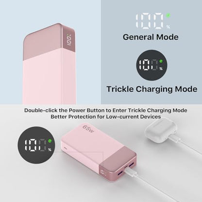 NOBIS 20000mAh Battery Pack Power Bank 65W Power Bank, Portable Charger with Digital Display, Dual USB-C/USB-A Fast Charging for Laptop, Phone, Tablet, Travel-Friendly External Battery Pack - color: Pink