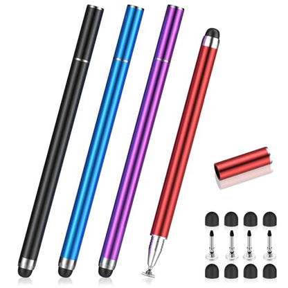 MEKO 4 Pack Stylus Pens for Touchscreens, 2-in-1 High Sensitivity&Precision Capacitive Stylus Pens for iPad iPhone Android Smartphone Tablets All Touchscreen Devices(4 Stylus + 12 Tips) | High Sensitivity,Fine Disc & Rubber Nibs, Compatible with iPad iPho