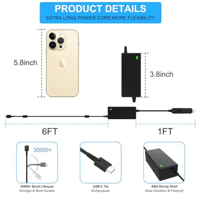VHBW 90W USB C Laptop Car Charger, 20V 4.5A, 6.9FT Cord | Universal USB-C laptop car charger for Dell, Lenovo, HP, Acer, Chromebook; 12V-24V input, ETL, 4 spare fuses