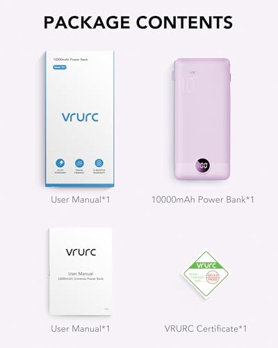VRURC Portable Charger, Power Bank Built-in Cables and AC Wall Plug | USB C Power Bank 10000mAh Travel Essentials Phone Charger Compact External Battery Pack For Smart Phones, Tablets etc-Purple - color: Purple