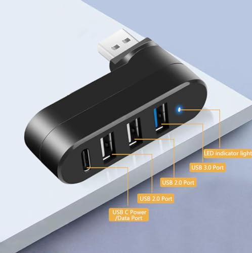 USB 3.0 Hub [90°/180° Degree Rotatable], 4-Port USB Splitter Extender with 3 USB Ports & 1 USB C Power/Data Port, USB Hub for Laptop, Car, MacBook Pro/Air/Pro
