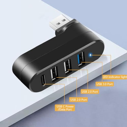 USB 3.0 Hub [90°/180° Degree Rotatable], 4-Port USB Splitter Extender with 3 USB Ports & 1 USB C Power/Data Port, USB Hub for Laptop, Car, MacBook Pro/Air/Pro