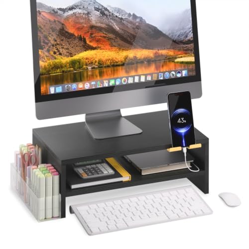 TEAMIX 2 Tiers Wood Monitor Stand Riser with Phone Holder & Side Pen Holder | Black Desk Organizer, 15.7L x 9.5W x 5.7 inch, Holds 80 lbs, Laptop/PC/Printer Stand, Ergonomic Design, Home Office Supplies - color: Black, size: 15.7 x 9.5 x 5.7 inches