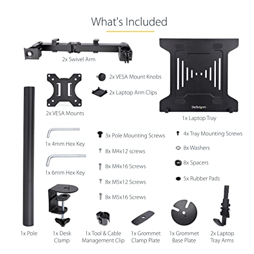 StarTech Monitor Arm up to 32in, 9.9lb/4.5kg, VESA (A2-Laptop-Desk-Mount) | For a Single Display up to 32" (17.6lb/8kg), With VESA Laptop Tray, Up to 9.9lb (4.5kg), Adjustable, Clamp or Grommet Base - style: Dual