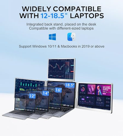 16" Laptop Screen Extender, 1200P IPS Quad Monitor | For 13.6-17.3-inch laptops; supports Windows 10+ and 2019+ MacBooks with M1/M2/M3/M4 via one USB-C/A cable - size: 16 inches