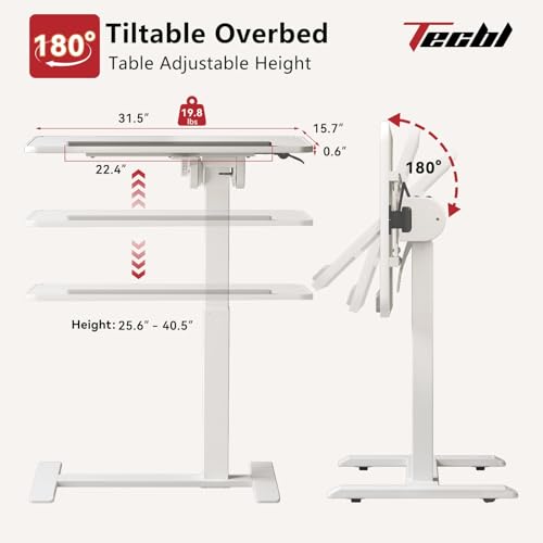 White 180° Tiltable Mobile Standing Desk, Overbed Table with Wheels, 25.6" - 40.5" Height Adjustable Bedside Table, Portable Rolling Computer Desk for Home Office, Hospital (White)