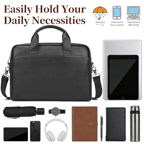Leather Laptop Bag for Men Briefcase Fits 15.6 Inch Notebook Portable Shoulder Messenger Crossbody Bag for Travel Office - color: 15black