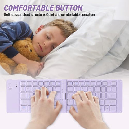 Foldable Mini Rechargeable Bluetooth Keyboard and Mouse Combo, 2.4G Wireless and Bluetooth,(Sync Up to 3 Devices), Ultra-Slim Travel Folding Keyboard for iPhone iPad Mac Android Windows iOS(Purple) - color: purple