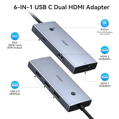 HODO Docking Station to Dual HDMI Monitors USB C to Dual HDMI Adapter 4K | Laptop Docking Station Dual Monitor with 2 HDMI PD 3 USB Port Compatible for HP Elitebook Dell XPS 13 15 etc